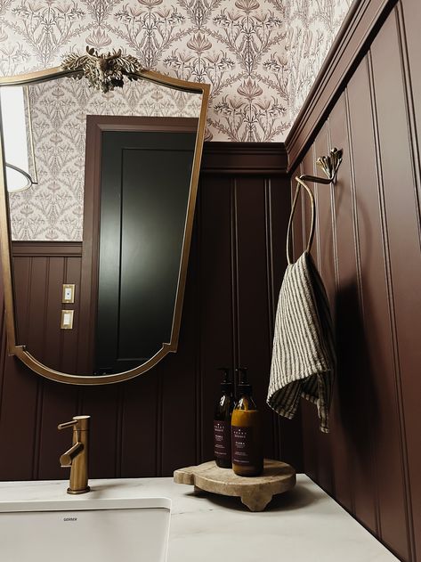 Dark Wood And Gold Bathroom, Dark Wood Bathroom Cabinets, Dark Academia Bathroom, Bonnie Ryan, Moody Powder Room, Inspirational Homes, Dark Wood Bathroom, Exterior House Colors Combinations, Dark Paint Colors