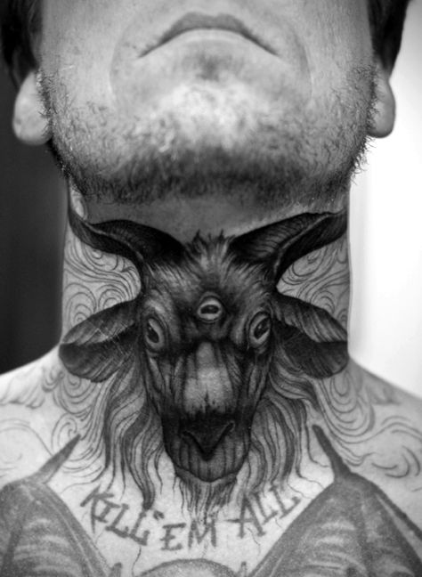 Baby Goat Tattoo, Goat Tattoo Ideas, Throat Goat, Goat Tattoo, Occult Tattoo, Throat Tattoo, Baby Goat, Neck Tattoos, Weird Tattoos