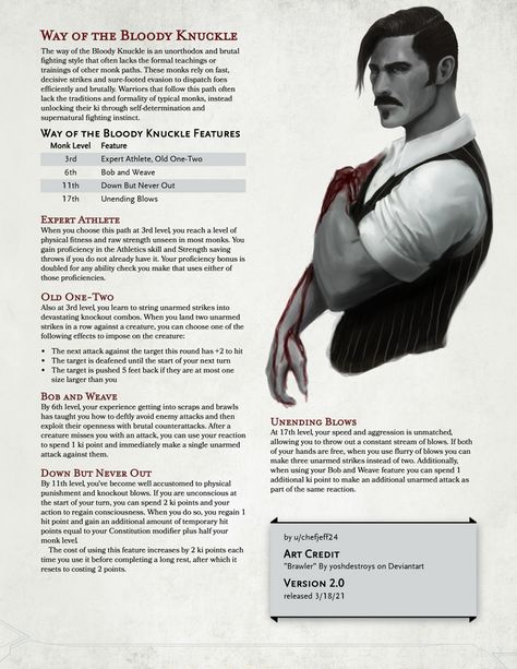 Way of the Bloody Knuckle, a boxer/brawler/pugilist archetype for a grittier flavor of monk! : UnearthedArcana Homebrew Monk 5e, Dnd Monk Inspiration, Boxer Dnd Character, Monk Subclass 5e Homebrew, Dnd Homebrew Classes 5e Monk, Dnd Monk Homebrew, Homebrew Subclasses 5e, Monk Dnd Art, Monk Subclass 5e