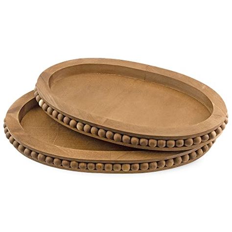 AuldHome Rustic Beaded Wood Tray Set (Set of 2, Antique Brown); Farmhouse Distressed Oval Wooden Tray Set Decor Dresser Top, Brown Farmhouse, Sideboard Decor, Wooden Trays, Countertop Display, Antique Stain, Dining Table Centerpiece, Serving Trays With Handles, Candle Displays