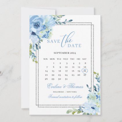 Dusty blue floral silver glitter calendar wedding save the date Heart Calendar, Rustic Wedding Save The Dates, Wedding Calendar, Light Blue Wedding, Wedding Save The Date, Save The Date Invitations, Save The Dates, Blush Roses, Wedding Invitation Design