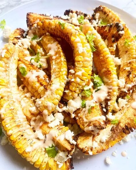 Best side dish to your summer BBQ. These quick air fryer corn ribs are all the rage on tiktok and we can't believe how good it really is. Air Fryer Mexican, Corn In The Oven, Air Fryer Corn, Green Crab, Corn Ribs, Gluten Free Chilli, Bison Burgers, Tavern On The Green, Dinner Side