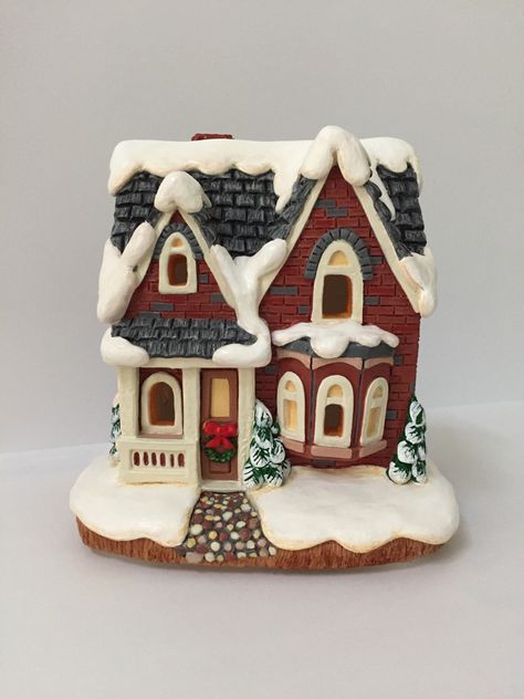 Ceramic Christmas Village Houses, Clay Christmas Village, Ceramic Christmas Village, Ceramic Village, Pottery Village, Christmas Village Decorations, Homemade Bird Houses, Christmas Village Sets, Clay Fairy House