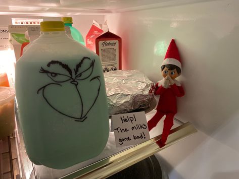 Grinch Milk Elf On The Shelf, The Milk Has Gone Bad Elf On The Shelf, Elf Milk Bad, Milk Gone Bad Elf, Elf On The Shelf Milk Gone Bad, Eots Ideas, Elf 2024, Elf Shenanigans, Elf Ideas Easy