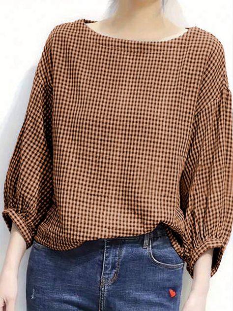 Women's Plaid Printed Boat Neck Casual Long Sleeve Shirt Camel Casual  Three Quarter Length Sleeve Polyester Plaid,Plain Top Slight Stretch  Women Clothing, size features are:Bust: ,Length: ,Sleeve Length: Fashion Show Dresses, Casual Long Sleeve Shirts, Plain Tops, Women Blouses, Lantern Sleeves, Womens Plaid, Boat Neck, Three Quarter, Women Clothes Sale