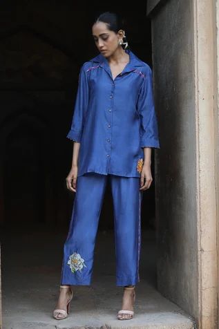 Shop for Label Kinjal Modi Blue Silk Voile Floral Patchwork Detail Shirt And Pant Set for Women Online at Aza Fashions Shirt And Pant Coord Set, Collar Cord Set, Denim Cord Set Women, Shirt Coord Set, Denim Coord Set Women, Denim Coord Set, Coord Sets For Women, Co Ords Outfits, Coord Sets