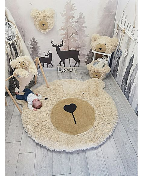 Smart Buys! Plush Bear Head Wall Mount - Faux Fur Nursery Decor - Woodland Theme, Pictured Rug- 45" starting from €30.00 See more. 🤓 #WallMount #AnimalTrophyHead #FauxFur #AnimalWallArt #PlushBear #SoftSculpture #NurseryDecor #FauxMountedAnimals #FauxFurWallMount #WoodlandTheme Animal Wall Mount, Thoughtful Baby Gifts, Cow Rug, Woodland Retreat, Cozy Baby Room, Fluffy Bear, Farm Nursery, Bear Rug, Adventure Theme