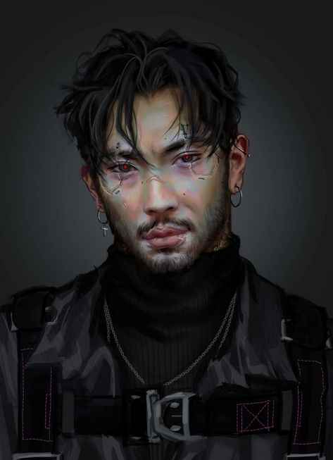 Cyberpunk Male Hairstyles, Male Sci Fi Character, Cyberpunk Men Character Design, Character Design Inspiration Male Modern, Cyberpunk Dnd Character Art, Sci Fi Male Character Design, Sci Fi Hair, Cyborgs Art Male, Cyberpunk Male Character Design