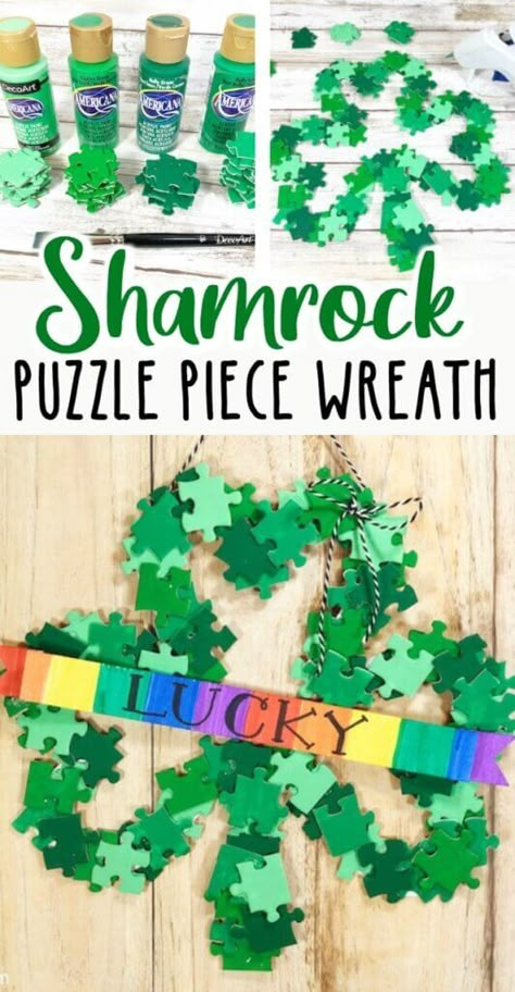 Diy St Patrick's Day Crafts, Diy Shamrock, Sant Patrick, Puzzle Piece Crafts, Shamrock Wreath, Shamrock Craft, St. Patrick's Day Diy, March Crafts, St Patricks Crafts