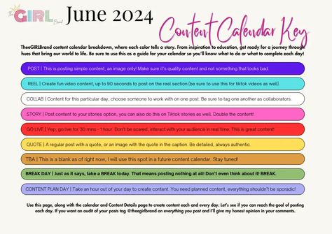 ***FREE TO DOWNLOAD*** TheeGIRLBrand Content Calendar, your ultimate guide to online consistency for building a thriving business or brand. Each post you create will be a step towards enhancing your online presence & fostering connections with your audience. This calendar is more than just a schedule; it's a blueprint for success. From engaging content that captivates your audience to educational posts that position you as an industry authority, every element is thoughtfully crafted. Social Media Content Calendar, Thriving Business, Content Calendar, Engaging Content, Content Calendars, June 2024, Quality Content, Media Content, Social Media Content