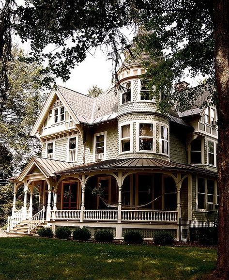 [explored] a fine example of Queen Anne Victorian gingerbread architecture in this house in Cooperstown NY Southern Victorian Homes, Old House Design, Victorian Porch, Victorian Style Homes, This Old House, Victorian Architecture, House With Porch, Wrap Around Porch, Victorian House