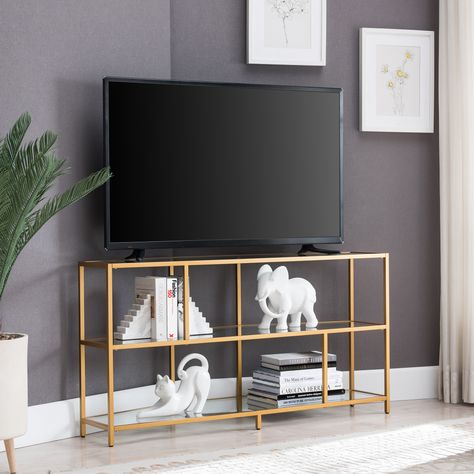 Evelyn&Zoe Modern Metal TV Stand with Glass Shelves for TVs up to 55" - Walmart.com - Walmart.com Tv Stand Minimalist, Gold Tv Stand, Metal Tv Stand, Tv Stand With Mount, Tv Shelf, Corner Tv Stand, Tempered Glass Shelves, Tv Stands And Entertainment Centers, Cord Management