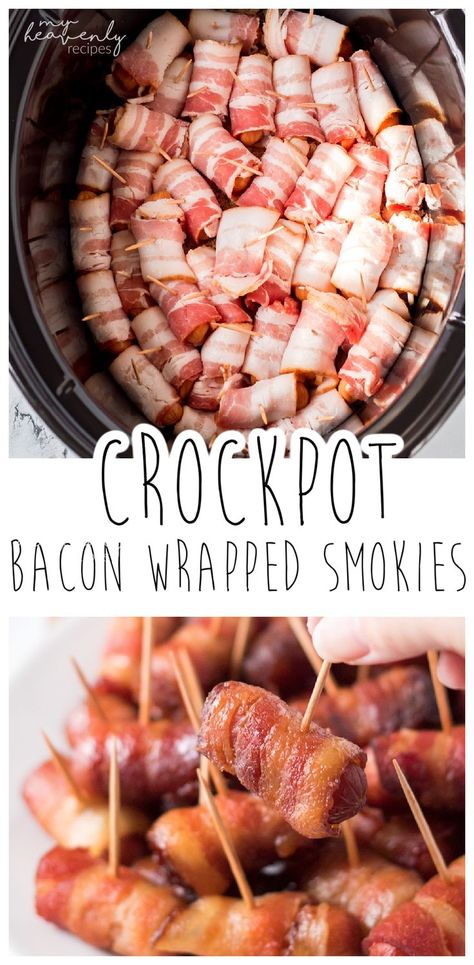 Kid Party Food, Crockpot Party Food, Silvester Snacks, Wrapped Smokies, Bacon Wrapped Smokies, Little Smokies, Slow Cooker Bacon, Crockpot Appetizers, Appetizers Easy Finger Food