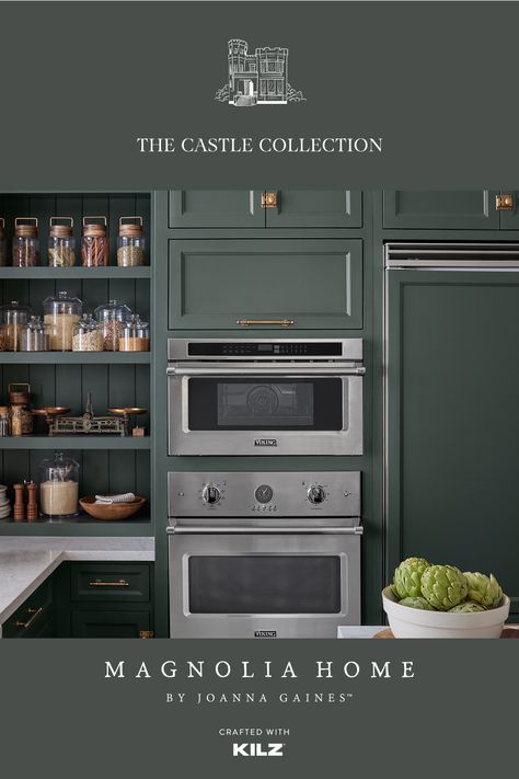 This timeless pantry features two new paint colors from Magnolia Home by Joanna Gaines® Paint. Explore the full room on our blog. Joanna Gaines Kitchen Cabinets, Green Cabinets Kitchen, Kitchen Magnolia, Magnolia Paint Colors, Joanna Gaines Paint Colors, Marble Kitchen Counters, Joanna Gaines Paint, Castle Collection, Floor To Ceiling Cabinets