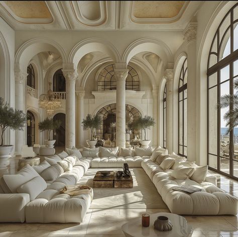 White Mansion Living Room, Modern Fancy House Interior, Rich Girl House Aesthetic, White Manor House, All White Mansion, Old Money Mansion Living Room, Old Money Home Interior Design, Old Money Lounge Room, White Palace Interior