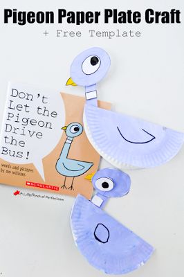 Pigeon Paper Plate Craft and Printable Template Inspired by Mo Williems Book's Pigeon Paper Craft, Pigeon Activities, Mo Willems Activity, Pigeon Craft, Mo Willems Author Study, Mo Willems Pigeon, Mo Williams, Storybook Crafts, Pigeon Drive The Bus