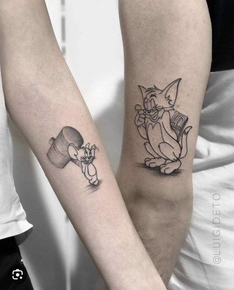 Tom And Jerry Tattoo, Aj Logo, Jerry Tattoo, Couple Tattoos Unique Meaningful, Tom Und Jerry, Brother Tattoos, Matching Best Friend Tattoos, Tom Et Jerry, Christian Sleeve Tattoo