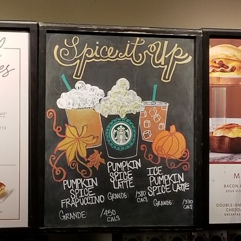 Starbucks fall menu Olive Smith, Fall Chalkboard Art, Halloween Chalkboard Art, Cafe Chalkboard, Starbucks Crafts, Chalk Markers Art, Coffee Chalkboard, Christmas Chalkboard Art, Mural Cafe