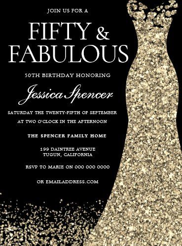 50th Birthday Dresses, 50th Birthday Themes For Women, 50th Birthday Themes, Fifty And Fabulous, Gold Glitter Dress, Bday Celebration, 60th Bday, 60th Birthday Party Invitations, Moms 50th Birthday