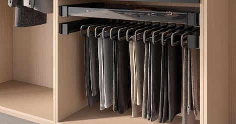 The CONERO Pants Pull-out glides easily in and out of your closet, giving you full access to your pants and skirts. Enclosed ball bearing runners preventing clothing from getting caught or dirtied in a traditional mechanism. Learn more about CONERO by clicking the link in our bio #BeClever Trouser Rack, Closet Solutions, Clothes Shelves, Folded Clothes, Office Organisation, Trouser Hangers, Library Ladder, No Closet Solutions, Furniture Hinges