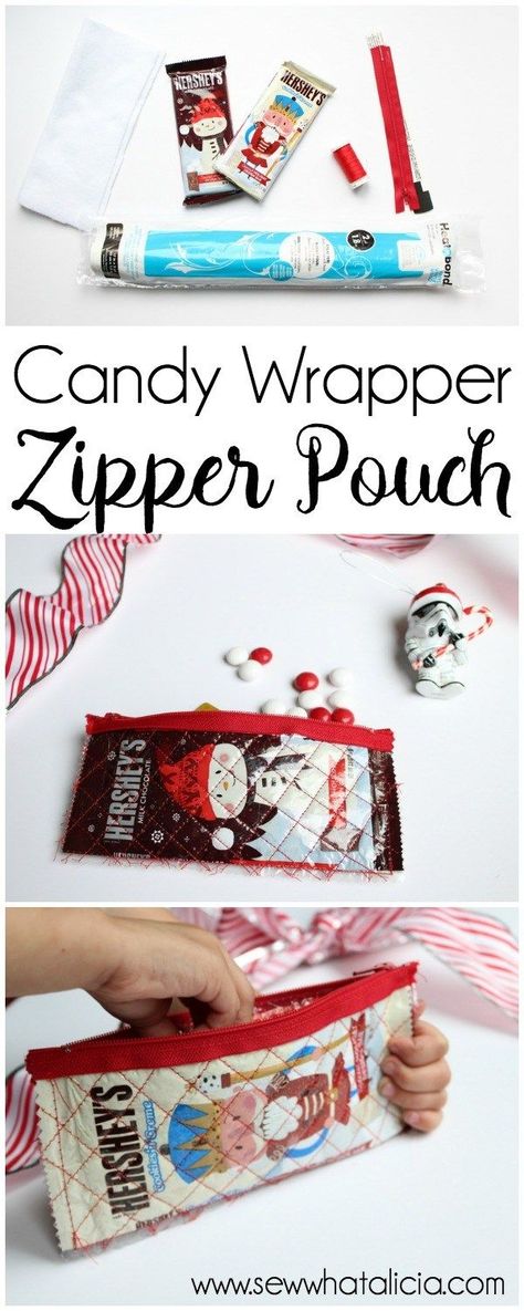 Iron on Vinyl Candy Wrapper Zipper Pouch Tutorial :  Use your candy wrappers to create a fun zipper pouch! These will make great stocking stuffers, fill them with candy or toys! Click through for the full tutorial. | www.sewwhatalicia.com Ideas For Sewing, Zipper Pouch Tutorial, Pouch Sewing, Candy Wrapper, Pouch Tutorial, Gift Wrapper, Candy Wrappers, Bag School, Wrapping Ideas