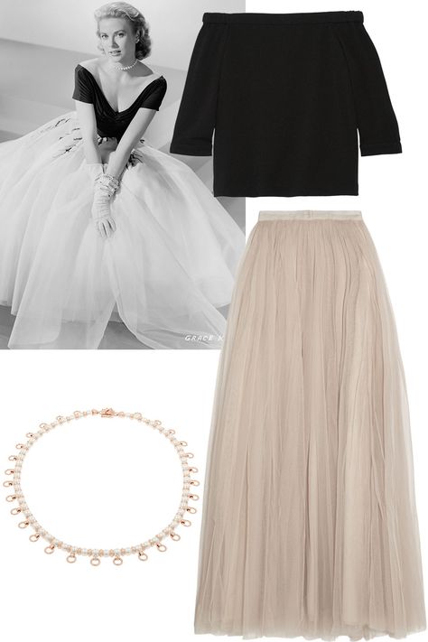 Short sleeve top + voluminous skirt + necklace Tibi top, $295, net-a-porter.com; Needle & Thread skirts, $180, net-a-porter.com; Eddie Borgo necklace, $495, net-a-porter.com.    - ELLE.com Old Hollywood Icons, Grace Kelly Style, Old Hollywood Fashion, Night Fashion, Audrey Hepburn Style, Old Hollywood Glam, Hepburn Style, Hollywood Party, Katharine Hepburn