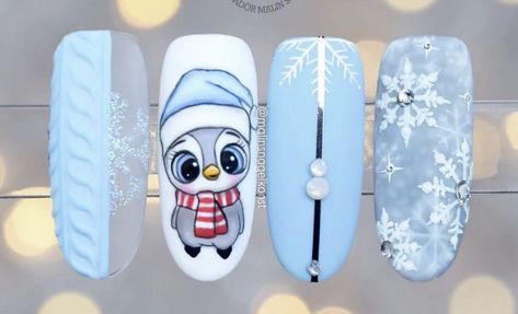 Penguin Nail Art, Penguin Nails, Acrylic Nail Designs Coffin, Nail Art Noel, Christmas Nail Art Ideas, Xmas Nail Art, Nail Drawing, Cute Christmas Nails, Christmas Gel Nails