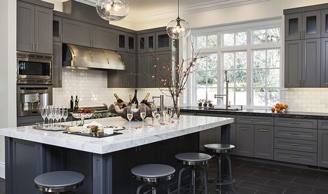 6 Design Ideas For Gray Kitchen Cabinets - Black Leathered Granite Countertops, Black Leathered Granite, Leathered Granite Countertops, Gray Countertops, Leathered Granite, Cabinets Gray, Best Kitchen Layout, Gray Island, Kitchen Layouts With Island