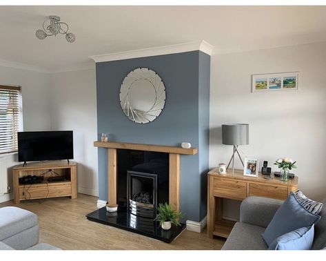 Chalk Blue Living Room, Feature Wall Grey Living Room, Fireplace Feature Wall Colours, Feature Wall Living Room Fireplace, Blue Chimney Living Room, Blue Lounge Colour Scheme, Feature Wall Small Living Room, Light Blue Feature Wall Living Room, Small Lounge With Log Burner