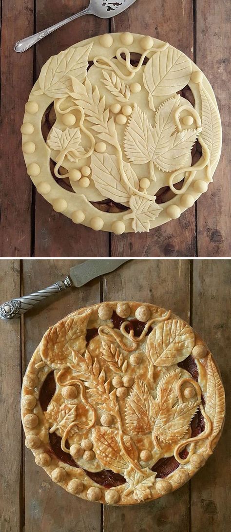 German Baker Shows Before & After Pics Of Pie Crust Designs That Look Too Good To Eat (35 New Pics) Creative Pie Crust, Pretty Pie Crust, Fancy Pie Crust, Pie Crust Art, Beautiful Pie Crusts, Crust Designs, Creative Pies, Decorative Pie Crust, Pie Crust Designs