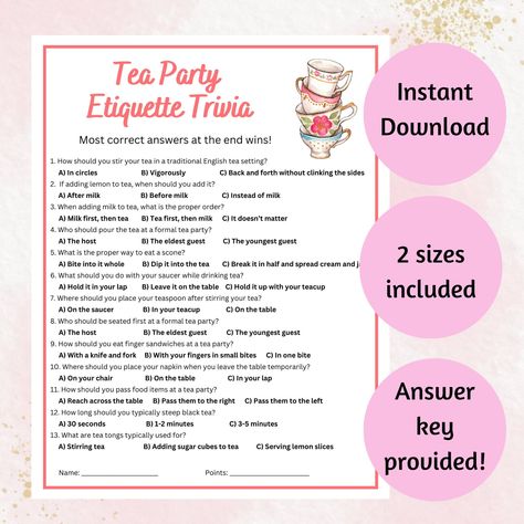 Add this Tea Party Etiquette Game to your next tea party or bridal shower. Impress your friends and family with this printable, and have fun at the party!  -1 answer key included - 2 Sizes to pick from (8.5 x 11 or print 2 sheets on 1 page)  - Print on 8.5x11 inches paper/ card stock Note: you cannot edit the files HOW IT WORKS 1)Purchase template 2)Wait for payment to be processed which should be instant 3)Log into your Etsy account, download the pdf file 4)Print as many copies as you like MATE Tea Etiquette Printable, Tea Party Trivia Free Printable, Tea Party Games For Women, Tea Party Bridal Shower Games, Tea Party Etiquette, Bridal Garden Party, Tea Party Activities, Party Etiquette, Tea Party Menu