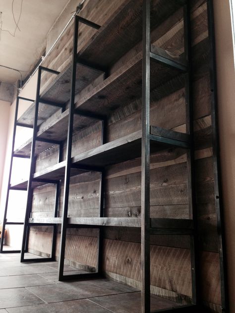 Custom steel and rough sawn 2x12 retail shelving unit Industrial Retail Shelving, Steel Shelving Ideas, Shop Shelving Ideas Retail Displays, Nyc Highline, Custom Steel Furniture, Commercial Shelving, Pet Store Design, Diy Industrial Furniture, Shop Shelving