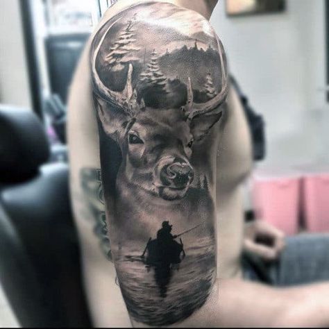 Hunting Tattoo Ideas, Badass Tattoo Ideas, Bow Hunting Tattoos, Natur Tattoo Arm, Family Tattoos For Men, Hunting Tattoos, Tier Tattoo, Nature Tattoo Sleeve, Deer Tattoo