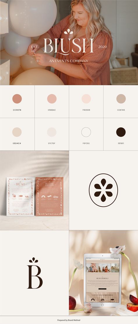 Dusty Pink Branding, Blush Pink Branding Color Palettes, Feminine Website Color Palette, Blush Branding Board, Brand Color Palette Feminine, Balloon Company Logo, Feminine Brand Board, Modern Feminine Branding Color Palette, Minimal Color Palette Brand Identity