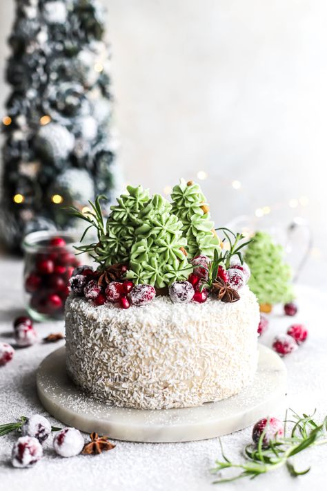 Coconut & Pistachio Christmas Cake - Pistachio Christmas, Coconut Pistachio, Coconut Icing, Vegan Buttercream, Vegan White Chocolate, Christmas Baking Recipes, Online Cake Delivery, Vegan Cake Recipes, Melting White Chocolate