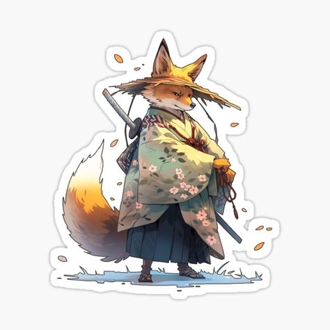 A sticker featuring a red fox in a samurai outfit, anime style artwork Japanese Fox Illustration, Fox Cartoon, Animal Samurai, Japanese Fox Mask Drawing, Fox Samurai Art, Kitsune Fox Spirit Japanese Art, Japanese Fox, Fox Tattoo, Fox Illustration