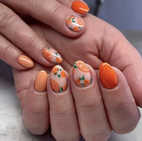 Orange Blossom Nails, Orange Slice Nails, Orange Fruit Nails, Nails Vision Board, Picnic Nails, Bridal Shower Nails, Cottagecore Nails, Sprinkle Nails, Summer Nail Inspiration