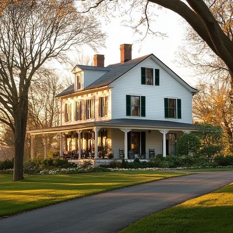 Old Colonial Farmhouse, Colonial American House, Cute Cozy House, Colonial Farmhouse Exterior, Bedrooms Bookshelves, Old White Farmhouse, Old American Houses, Old New England Homes, Americana House