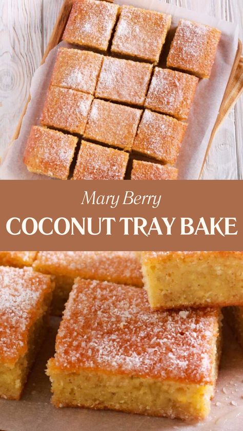 Mary Berry Coconut Tray Bake Self Raising Flour Recipe Baking Cake, Self Raising Flour Recipe Baking, Mary Berry Recipes Baking, Coconut Bake, Sweet Slices, Coconut Recipes Dessert, Mary Berry Recipe, Afternoon Tea Recipes, Tray Bake Recipes