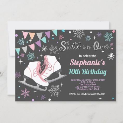 $ 2.65 | Ice skating birthday party pastel chalkboard #pastel, rainbow, ice skating, ice skate, girl birthday, birthday party, colorful snowflakes, silver, pink, chalkboard Ice Skating Birthday Party, Skating Birthday Party, Care Bears Birthday Party, Ice Skating Party, Chalkboard Invitation, Skate Girl, Skate Party, Chalkboard Style, Ice Skate