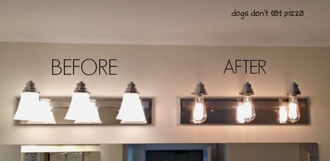 bathroom light fixture before and after - update bathroom lighting - thediybungalow.com Industrial Bathroom Decor, Industrial Bathroom Lighting, Diy Industrial Lighting, Globe Lamp, Globe Light, Industrial Bathroom, Builder Grade, Rv Interior, Industrial Light Fixtures