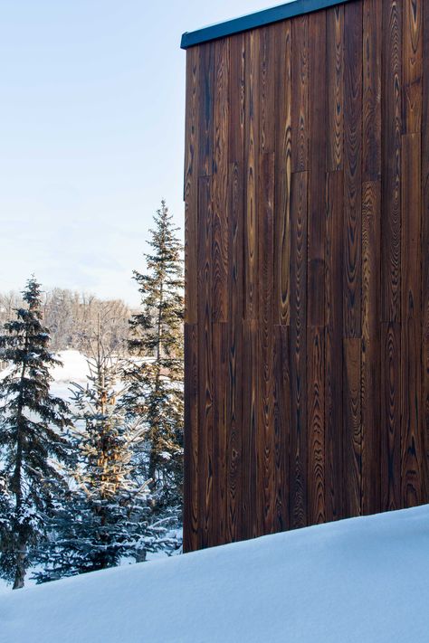 TORA shou sugi ban charred cypress installed on Calgary residence Shu Sugi Ban House, Cottage Siding, Shou Sugi Ban House, Materials Palette, Wooden Facade, Burning Wood, Charred Wood, Brown House, Sugi Ban