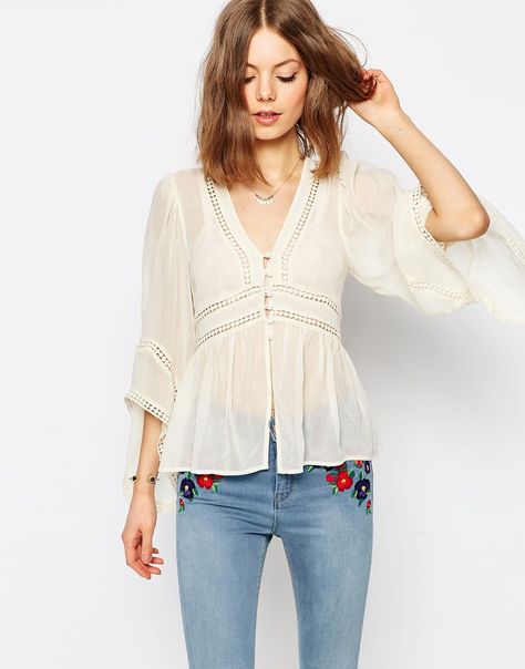 Image 1 of ASOS Premium Lace Insert Blouse White Sheer Top, Blusas Top, Rayon Blouse, Handmade Wardrobe, Cream Blouse, Lace Insert, Blouse White, Sheer Top, Sheer Blouse