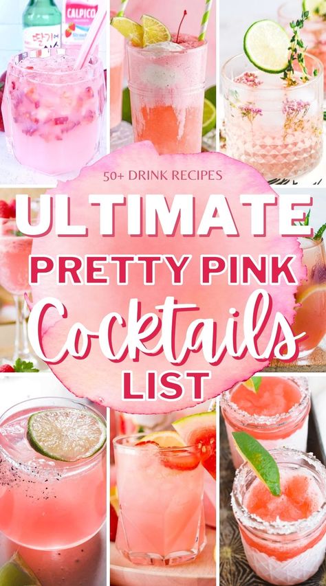 Love pretty pink drinks? Here's an ultimate list of pink cocktails! Over 50 pink cocktail recipes for any occasion. Find spiked pink lemonades, pink mimosas, strawberry sangrias, and so much more! Pink Bubbly Drink, Pink Sparkling Drink, Pink Flamingo Drink Cocktail Recipes, Pink Food And Drinks, Easy Pink Drinks Alcohol, Pink Cocktails Recipes Party Punches, Hot Pink Drinks Cocktails, Pink Bachelorette Drinks, Flamingo Drinks Cocktail Recipes