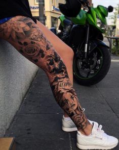 Black & Gray Leg Sleeve Tattoo Sanskrit Tattoo, Full Leg Tattoos, Girls With Sleeve Tattoos, Female Tattoos, Tattoo Trend, Men Tattoos, Tattoos For Black Skin, Cat Tattoos, Geometric Tattoos