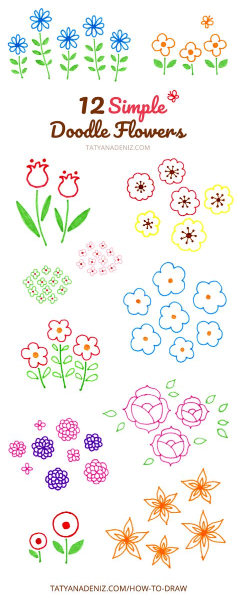 Twelve ideas for how to draw simple and cute doodle flowers to decorate bullet journals, DIY cards, and for drawing with kids. Cute Doodle Flowers, Journals Diy, Doodle Flowers, Pola Bordir, Cute Doodle, Easy Doodle Art, Easy Doodles Drawings, Bullet Journal Doodles, Flower Doodles