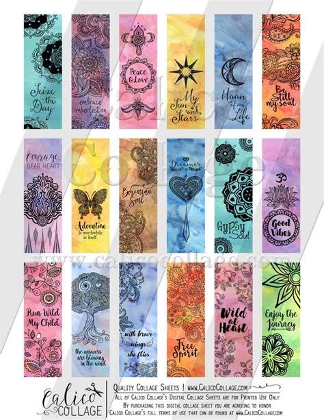 Boho Digital Printable Collage Sheet, 1x3 Inch Images Bookmarks Ideas, Handmade Bookmarks Diy, Easy Mandala Drawing, Printable Collage Sheet, Buch Design, Bookmarks For Books, Creative Bookmarks, Bookmark Craft, Watercolor Bookmarks