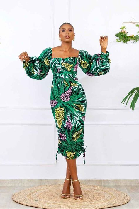 Beautiful Off Shoulder Ankara Styles You Can Wear To Your First Date (49) Puffy Hands Ankara Dress, Ankara Dress With Puff Sleeves, Ankara Drawstring Dress, Drawstring Ankara Dress, One Hand Ankara Dress Styles, Sweetheart Neckline Ankara Dress, Ankara Long Sleeve Dress, Beautiful Sleeves Designs For Dresses, Nigerian Styles Dresses Ankara