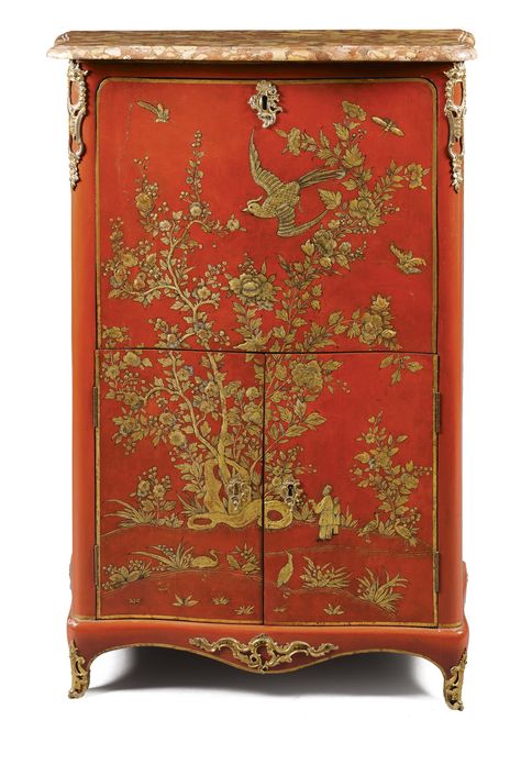 A gilt-bronze-mounted red and gilt vernis martin sécretaire à abattant stamped Delorme<br><P>Louis XV, mid 18th century</P> | lot | Sotheby's Chinoiserie Furniture, Painting Wooden Furniture, Asian Furniture, Lacquer Furniture, Antique Furniture For Sale, Chinese Furniture, Chinoiserie Style, Chinoiserie Chic, Asian Decor