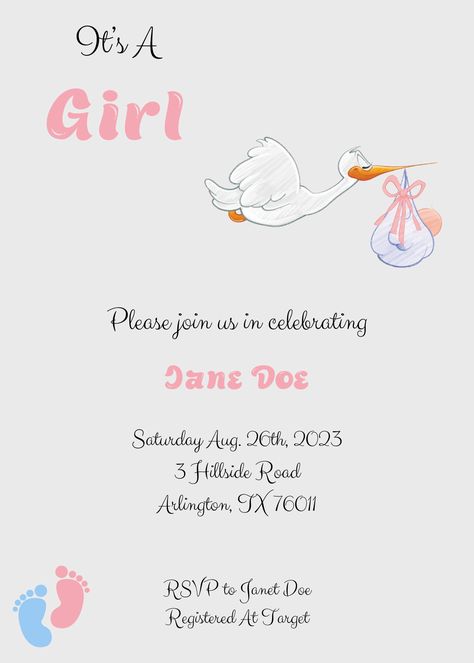 Welcome your family and friend to celebrate your perfect baby girl with this traditional stork themed baby shower invitation. The simple design is customizable to all your special details. Stork Baby Showers, Baby Shower Invites For Girl, Baby Shower Invitation, Baby Shower Themes, Shower Invitation, The Little Mermaid, Baby Shower Invitations, Shower Invitations, Simple Design